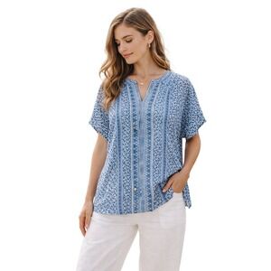 NIC+ZOE Blue Printed Silk Blend Blouse Sz L Boho Tunic Short Sleeve Lightweight